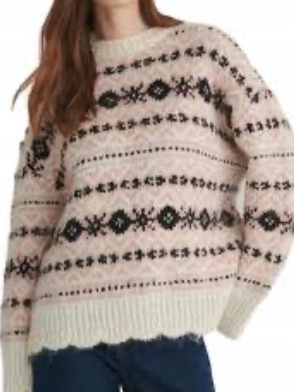 Zara Jaquard Wool Alpaca Sweater Cream Pink Black Soft Oversized Size Medium